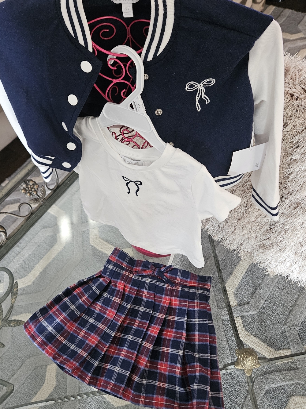 Navy & White Girls' 3-Piece Skirt Set with Red Plaid Skirt **NWT**